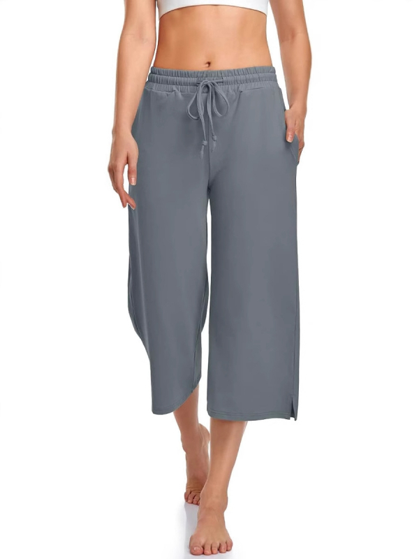 Pantaloni de yoga pentru femei cu croială largă, lungime cropped, șnur, talie elastică, poliester