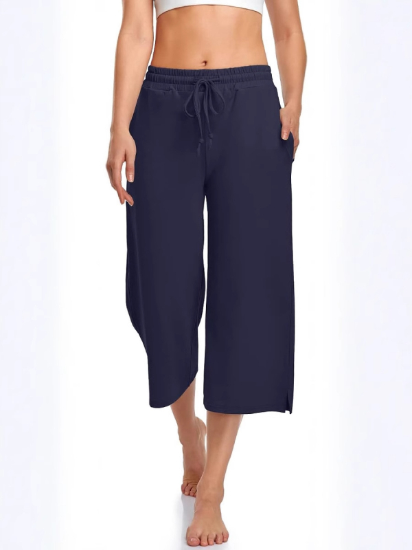 Pantaloni de yoga pentru femei cu croială largă, lungime cropped, șnur, talie elastică, poliester