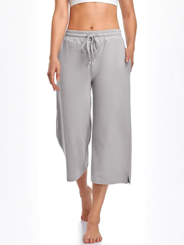 Pantaloni de yoga pentru femei cu croială largă, lungime cropped, șnur, talie elastică, poliester