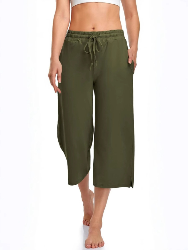 Pantaloni de yoga pentru femei cu croială largă, lungime cropped, șnur, talie elastică, poliester