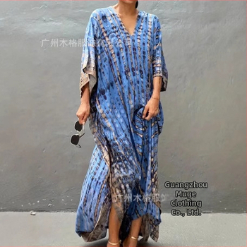 Μίντι φόρεμα με V-λαιμό, μπατ μανίκια, ολόσωστη εκτύπωση 3D, ύφασμα Spandex (80–90%), Άνοιξη 2025