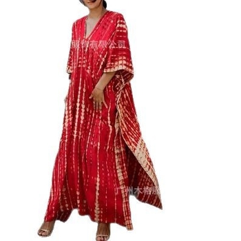 Μίντι φόρεμα με V-λαιμό, μπατ μανίκια, ολόσωστη εκτύπωση 3D, ύφασμα Spandex (80–90%), Άνοιξη 2025