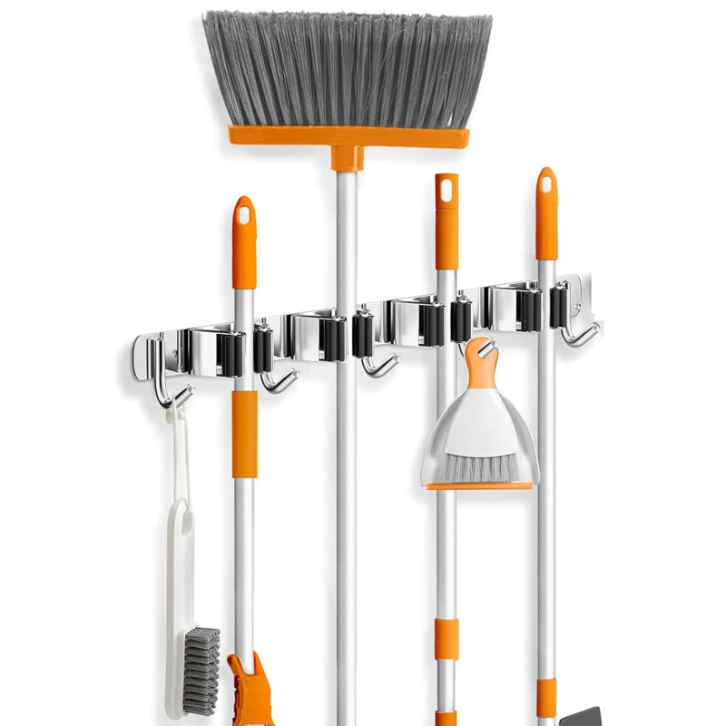 Стоманен стенен държач за мопове, без пробиване, моп клип и закачалка, полирана повърхност, тегло 420