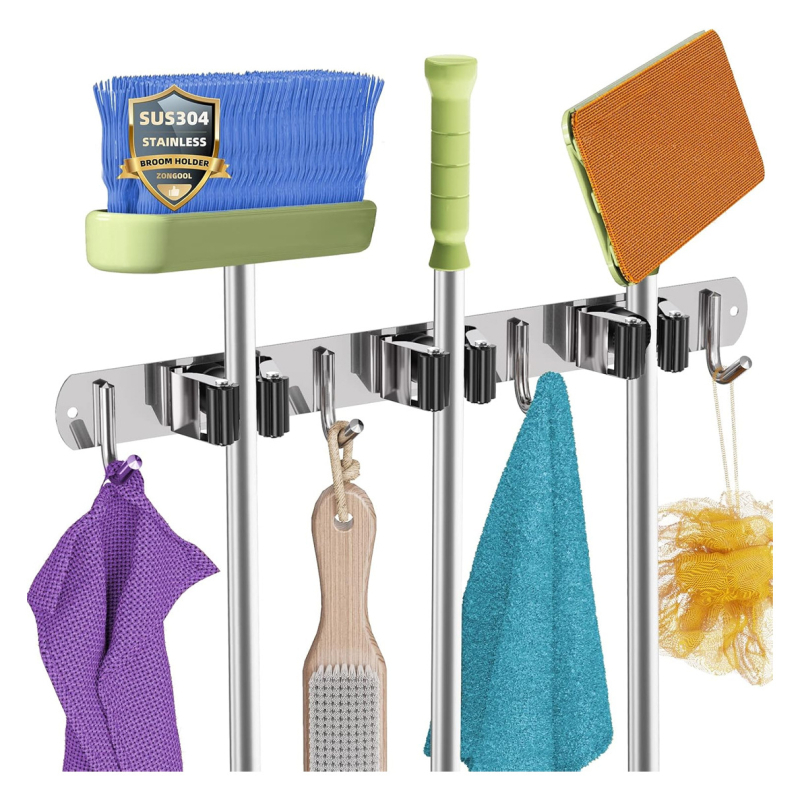 Стоманен стенен държач за мопове, без пробиване, моп клип и закачалка, полирана повърхност, тегло 420