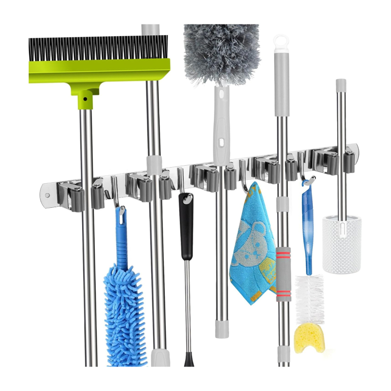 Стоманен стенен държач за мопове, без пробиване, моп клип и закачалка, полирана повърхност, тегло 420