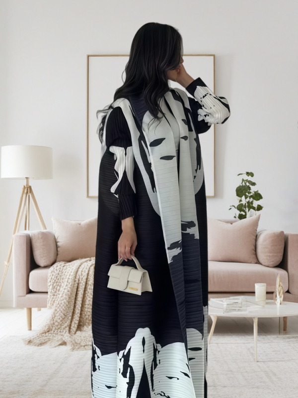 Spausdintas abaja kardiganas moterims, laisvas kirpimas, be kaklo, ilgos rankovės, ilgas A linijos paltas, vasara 2025