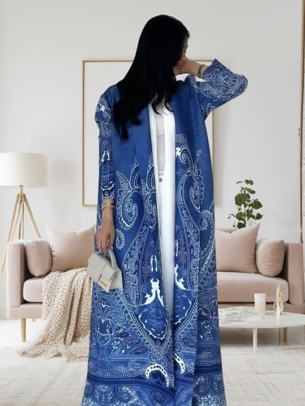 Spausdintas abaja kardiganas moterims, laisvas kirpimas, be kaklo, ilgos rankovės, ilgas A linijos paltas, vasara 2025