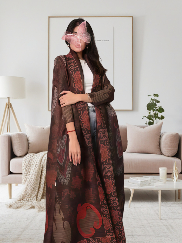 Spausdintas abaja kardiganas moterims, laisvas kirpimas, be kaklo, ilgos rankovės, ilgas A linijos paltas, vasara 2025