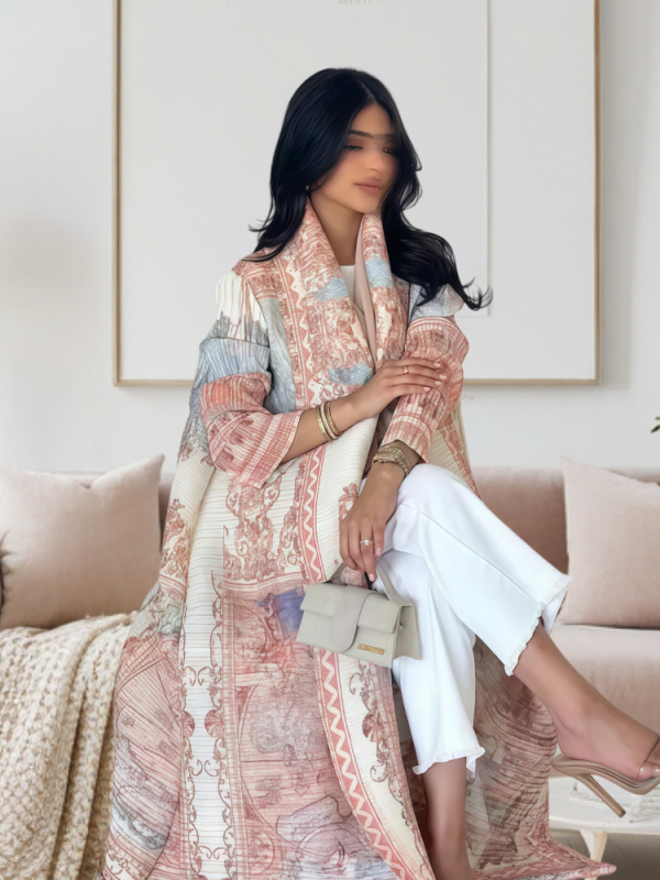 Spausdintas abaja kardiganas moterims, laisvas kirpimas, be kaklo, ilgos rankovės, ilgas A linijos paltas, vasara 2025