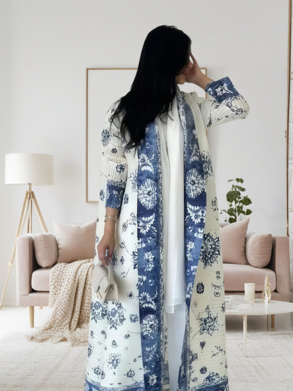 Spausdintas abaja kardiganas moterims, laisvas kirpimas, be kaklo, ilgos rankovės, ilgas A linijos paltas, vasara 2025