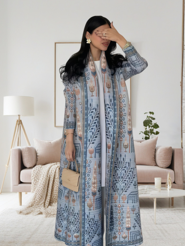 Spausdintas abaja kardiganas moterims, laisvas kirpimas, be kaklo, ilgos rankovės, ilgas A linijos paltas, vasara 2025