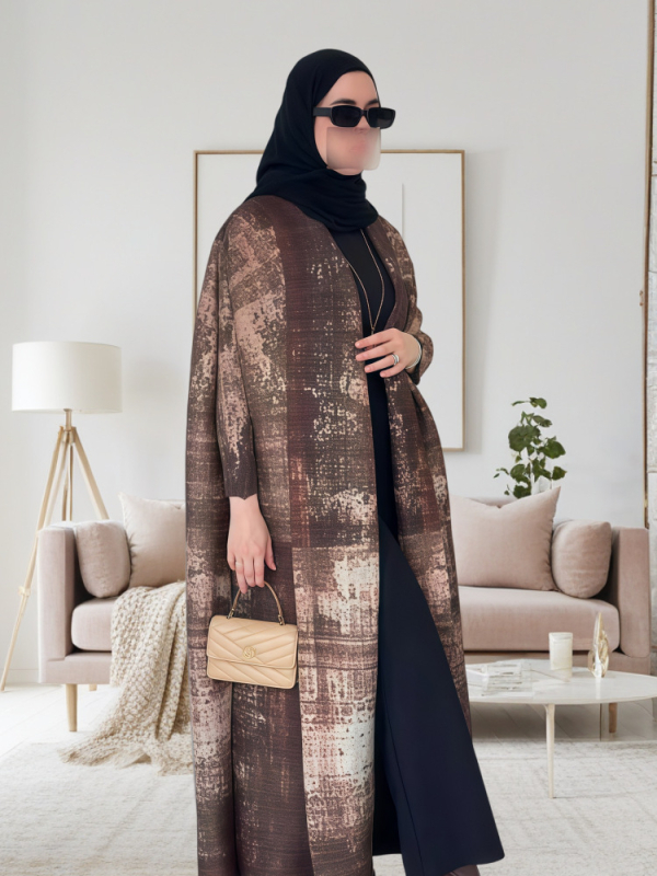 Spausdintas abaja kardiganas moterims, laisvas kirpimas, be kaklo, ilgos rankovės, ilgas A linijos paltas, vasara 2025