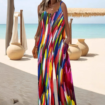 Τυπωμένη ολόσωμη φόρμα χωρίς μανίκια, ανάμειξη πολυεστέρα-σπαντέξ, ελαστική μέση, ίσια παντελόνια, Άνοιξη 2025