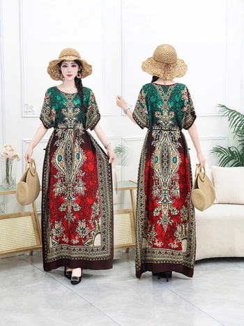 Μποέμ maxi φόρεμα με γεωμετρικό εκτύπωμα, ύφασμα βαμβακο-σιτάν, στρογγυλός γιακάς, κοντά μανίκια