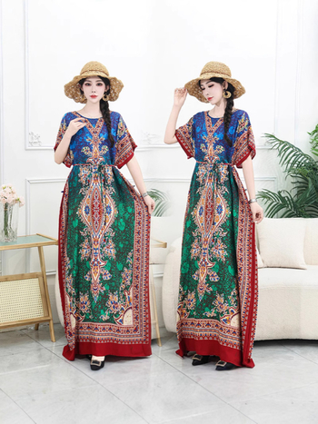 Μποέμ maxi φόρεμα με γεωμετρικό εκτύπωμα, ύφασμα βαμβακο-σιτάν, στρογγυλός γιακάς, κοντά μανίκια