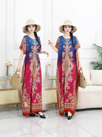 Μποέμ maxi φόρεμα με γεωμετρικό εκτύπωμα, ύφασμα βαμβακο-σιτάν, στρογγυλός γιακάς, κοντά μανίκια