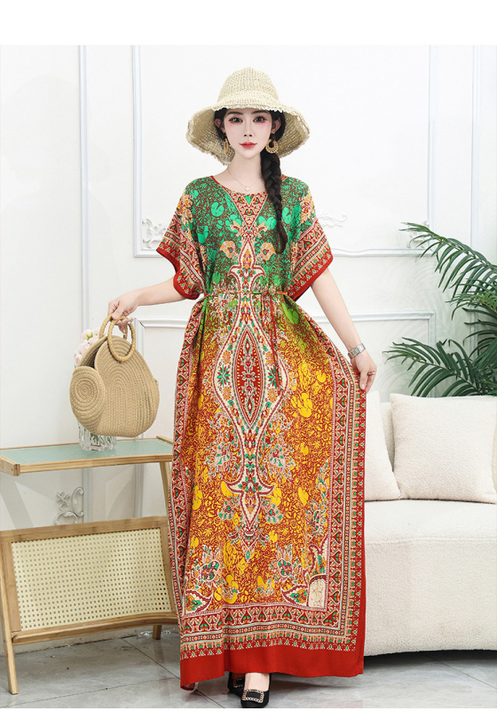 Μποέμ maxi φόρεμα με γεωμετρικό εκτύπωμα, ύφασμα βαμβακο-σιτάν, στρογγυλός γιακάς, κοντά μανίκια