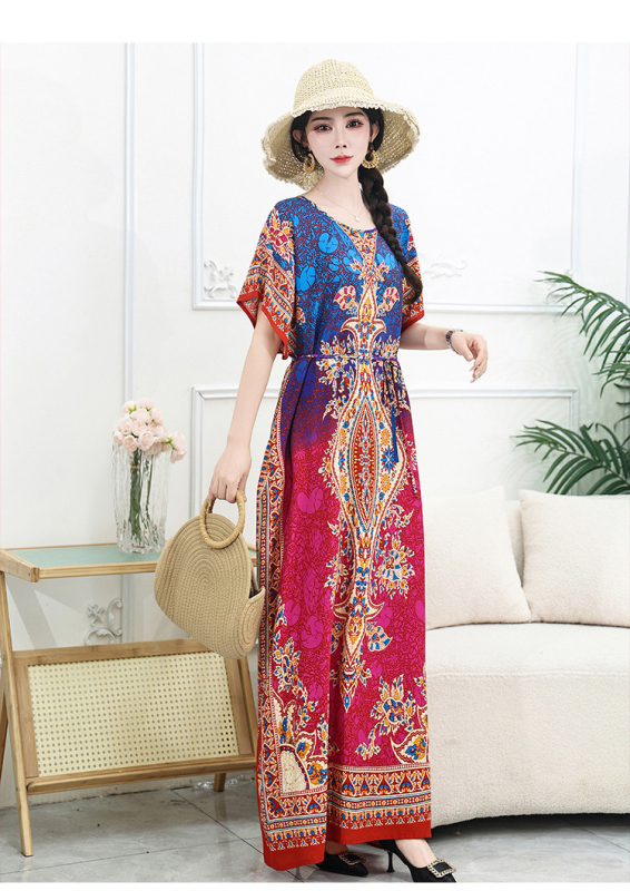 Μποέμ maxi φόρεμα με γεωμετρικό εκτύπωμα, ύφασμα βαμβακο-σιτάν, στρογγυλός γιακάς, κοντά μανίκια