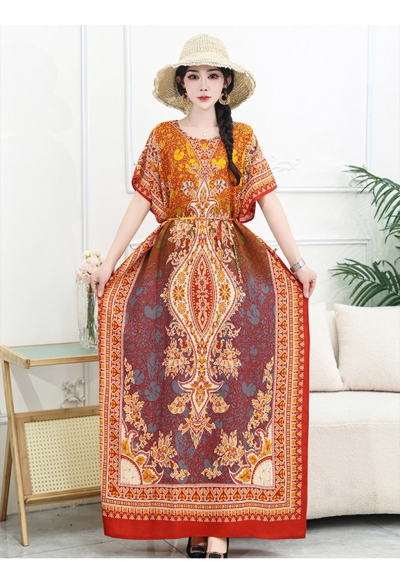 Μποέμ maxi φόρεμα με γεωμετρικό εκτύπωμα, ύφασμα βαμβακο-σιτάν, στρογγυλός γιακάς, κοντά μανίκια