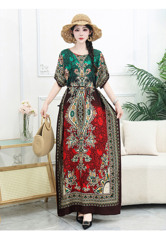 Μποέμ maxi φόρεμα με γεωμετρικό εκτύπωμα, ύφασμα βαμβακο-σιτάν, στρογγυλός γιακάς, κοντά μανίκια