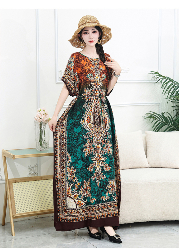 Μποέμ maxi φόρεμα με γεωμετρικό εκτύπωμα, ύφασμα βαμβακο-σιτάν, στρογγυλός γιακάς, κοντά μανίκια