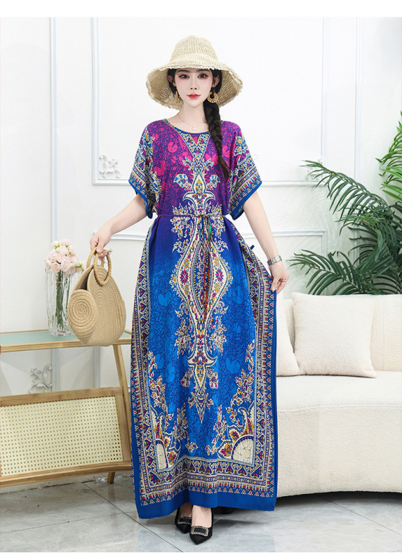 Μποέμ maxi φόρεμα με γεωμετρικό εκτύπωμα, ύφασμα βαμβακο-σιτάν, στρογγυλός γιακάς, κοντά μανίκια