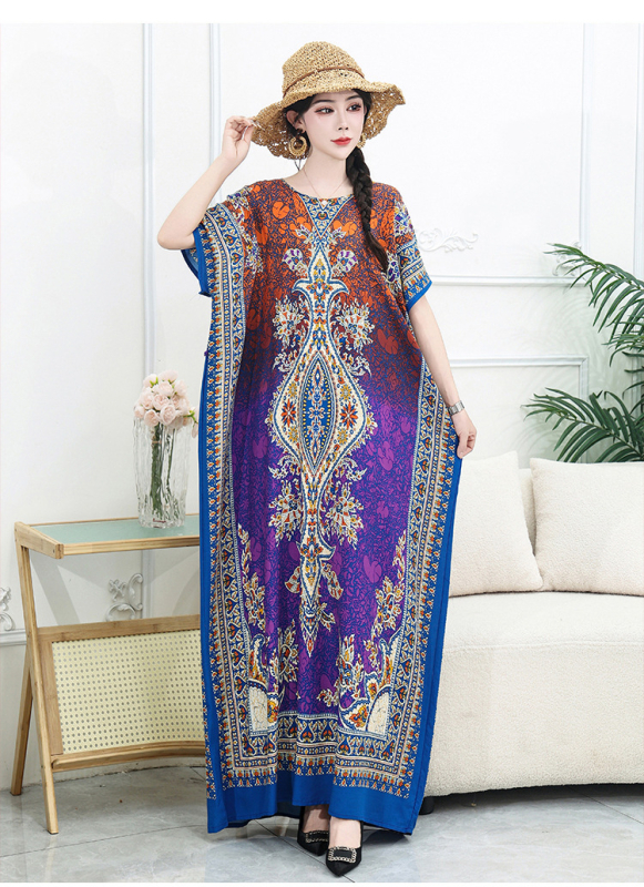 Μποέμ maxi φόρεμα με γεωμετρικό εκτύπωμα, ύφασμα βαμβακο-σιτάν, στρογγυλός γιακάς, κοντά μανίκια