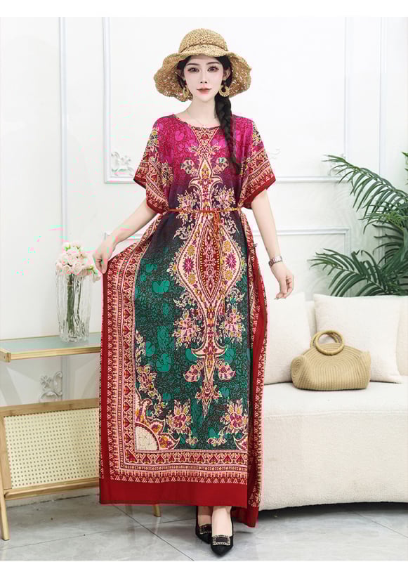 Μποέμ maxi φόρεμα με γεωμετρικό εκτύπωμα, ύφασμα βαμβακο-σιτάν, στρογγυλός γιακάς, κοντά μανίκια