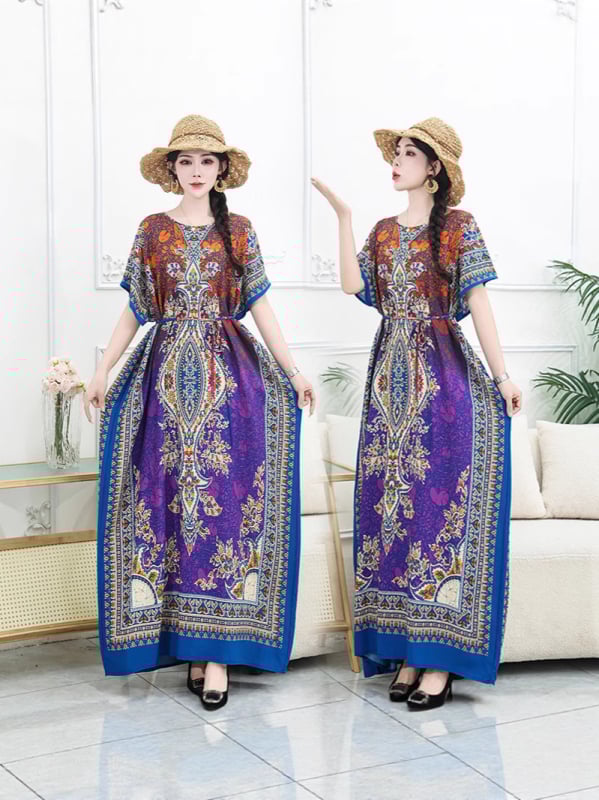 Μποέμ maxi φόρεμα με γεωμετρικό εκτύπωμα, ύφασμα βαμβακο-σιτάν, στρογγυλός γιακάς, κοντά μανίκια