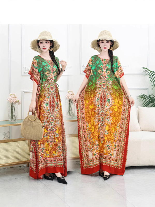 Μποέμ maxi φόρεμα με γεωμετρικό εκτύπωμα, ύφασμα βαμβακο-σιτάν, στρογγυλός γιακάς, κοντά μανίκια