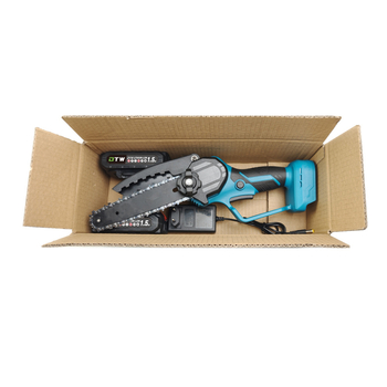 Електрическа верижна резачка, ръчна, с презареждаща литиева батерия; 21V, веригата – манганова стомана; приложение: подрязване и сечене на дървета