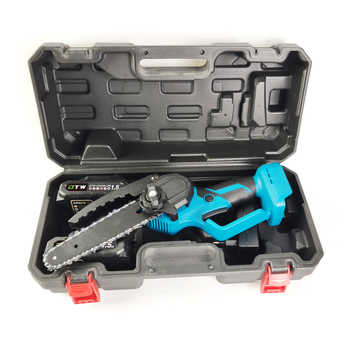 Електрическа верижна резачка, ръчна, с презареждаща литиева батерия; 21V, веригата – манганова стомана; приложение: подрязване и сечене на дървета