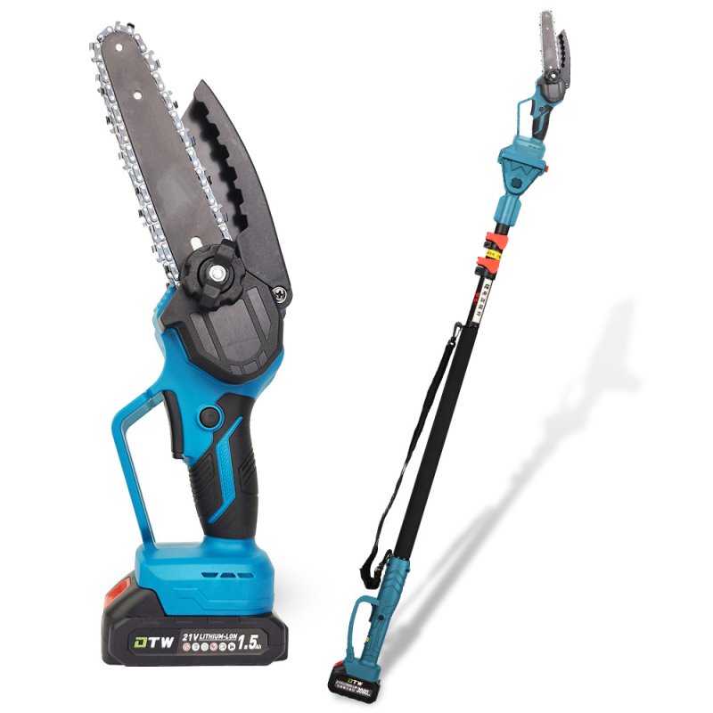 Електрическа верижна резачка, ръчна, с презареждаща литиева батерия; 21V, веригата – манганова стомана; приложение: подрязване и сечене на дървета