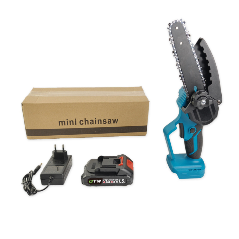 Електрическа верижна резачка, ръчна, с презареждаща литиева батерия; 21V, веригата – манганова стомана; приложение: подрязване и сечене на дървета