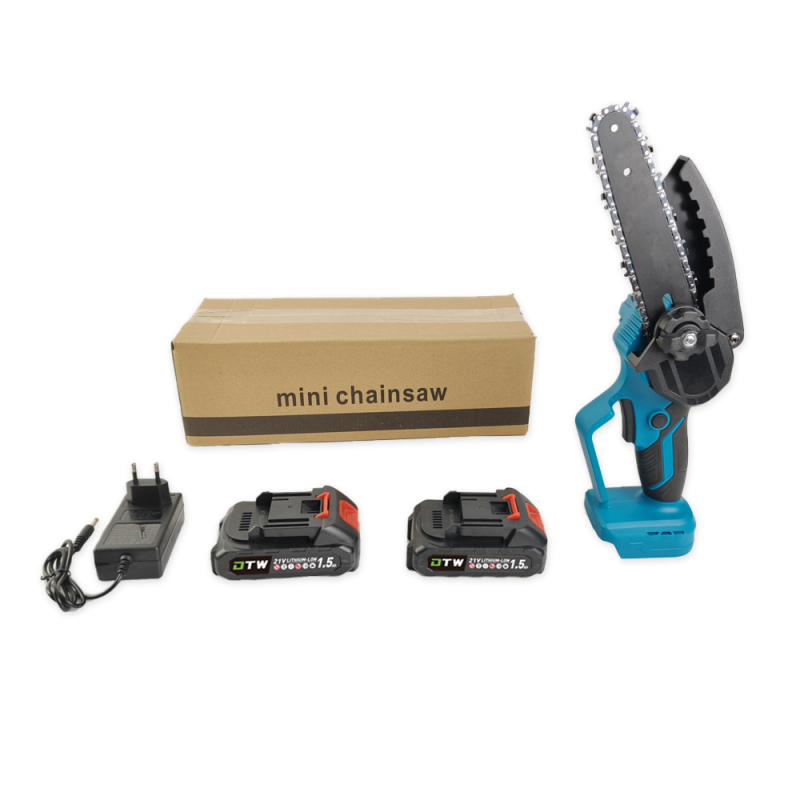 Електрическа верижна резачка, ръчна, с презареждаща литиева батерия; 21V, веригата – манганова стомана; приложение: подрязване и сечене на дървета