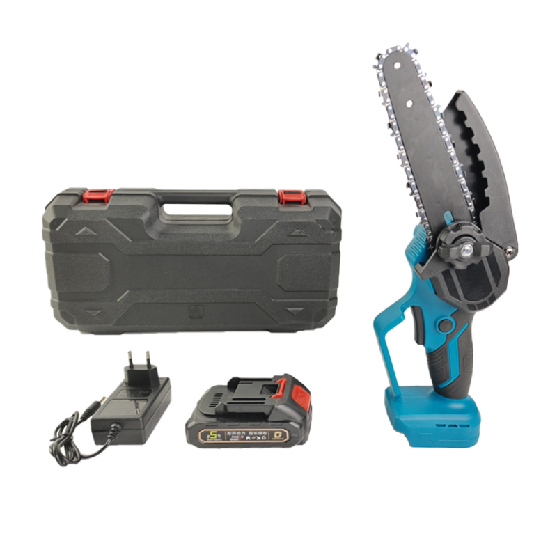 Електрическа верижна резачка, ръчна, с презареждаща литиева батерия; 21V, веригата – манганова стомана; приложение: подрязване и сечене на дървета