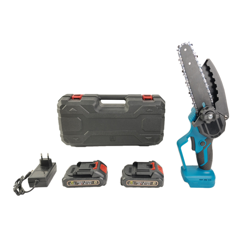 Електрическа верижна резачка, ръчна, с презареждаща литиева батерия; 21V, веригата – манганова стомана; приложение: подрязване и сечене на дървета