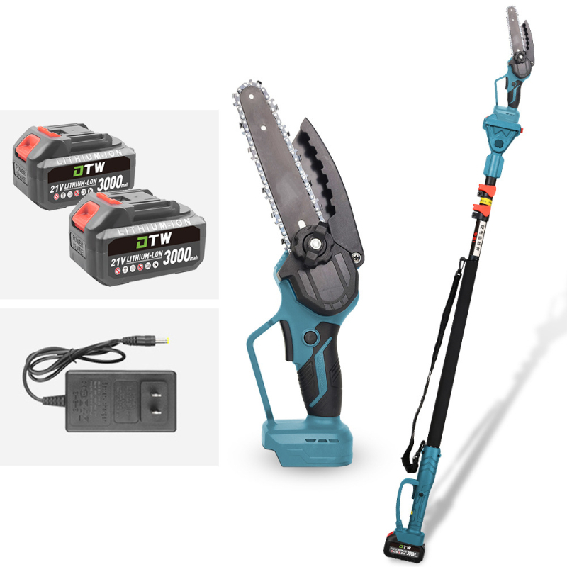 Електрическа верижна резачка, ръчна, с презареждаща литиева батерия; 21V, веригата – манганова стомана; приложение: подрязване и сечене на дървета