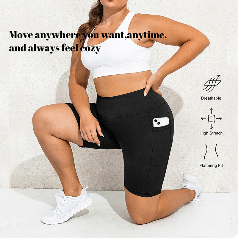 Șorturi de yoga pentru femei cu buzunare, talie înaltă, material Milk Silk, poliester + spandex, elasticitate ridicată