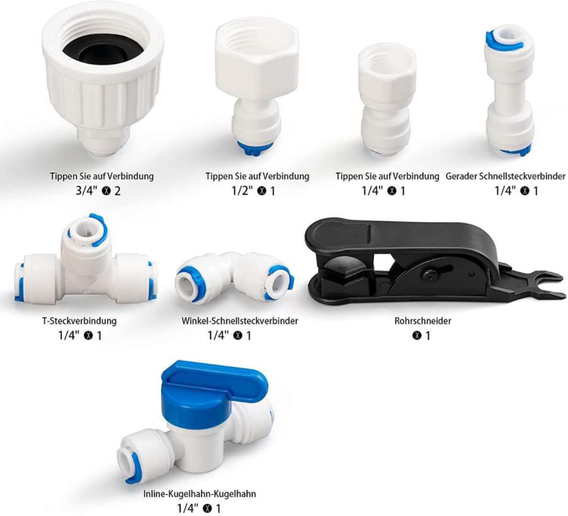 Vandens valymo vamzdžių jungčių rinkinys, modelis 46, maisto kokybės POM medžiaga, pakuotė: 1 rinkinys