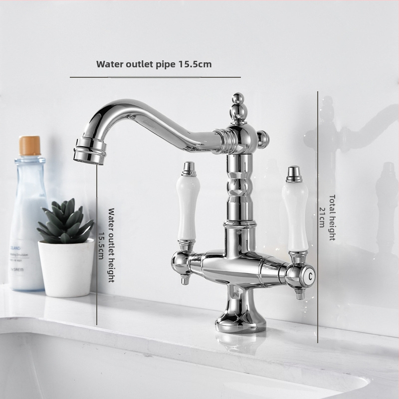 Virtuvės plautuvės čiaupas, dvigubo klasikinio dizaino, varinis korpusas, keramikos vožtuvas, įėjimas/išėjimas G1/2