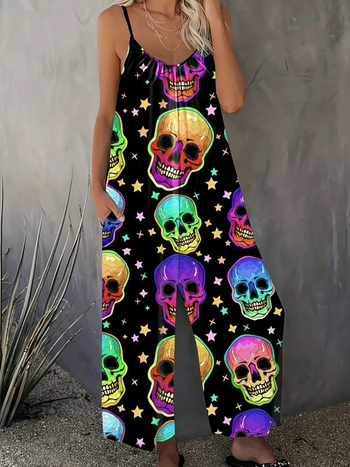 Ολόσωμη φόρμα με print κρανίου και ιμάντες, χωρίς μανίκια, μέση μεσαίου ύψους, ίσια παντελόνια, πολυεστέρας-σπαντέξ ανάμειξη, για το καλοκαίρι 2024.