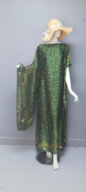 Rochie abaya musulmană, satin-imitație de mătase, poliester, conținut 95%+, imprimare, mâneci trei sferturi