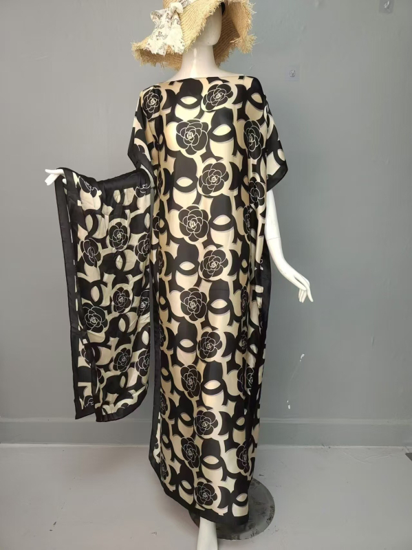 Rochie abaya musulmană, satin-imitație de mătase, poliester, conținut 95%+, imprimare, mâneci trei sferturi