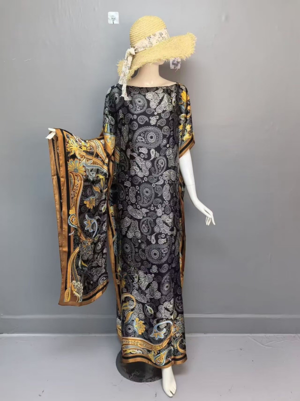 Rochie abaya musulmană, satin-imitație de mătase, poliester, conținut 95%+, imprimare, mâneci trei sferturi