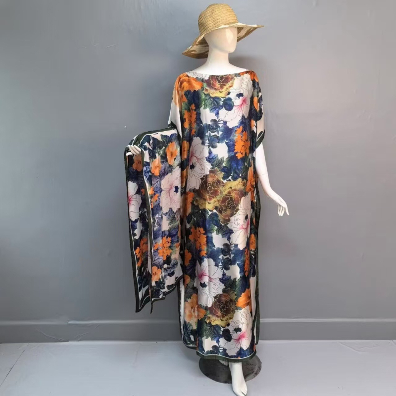Rochie abaya musulmană, satin-imitație de mătase, poliester, conținut 95%+, imprimare, mâneci trei sferturi