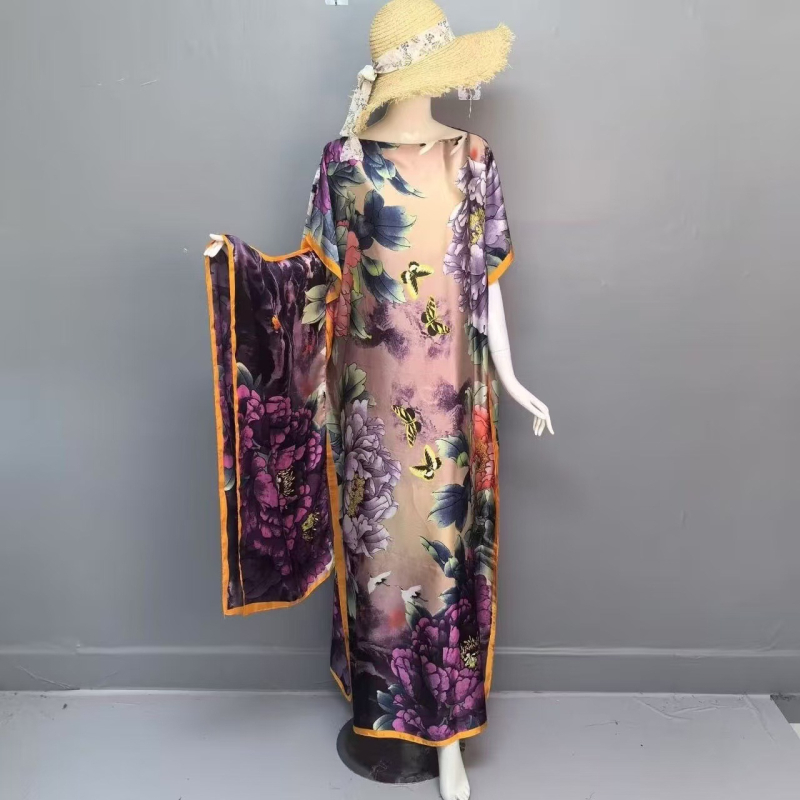 Rochie abaya musulmană, satin-imitație de mătase, poliester, conținut 95%+, imprimare, mâneci trei sferturi