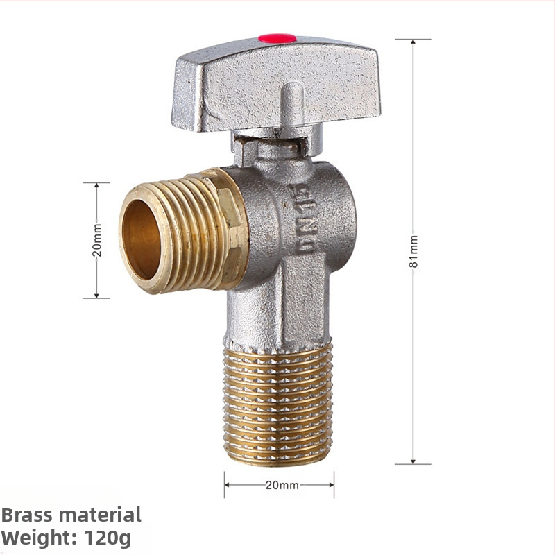 Месингов ъглов вентил за вграждане с голям поток и шаров клапан, за топла и студена вода; модел YLF1325; работно налягане 0.8 MPa; Ø20 мм; монтаж в стената; подходящ за тоалетни и бойлери