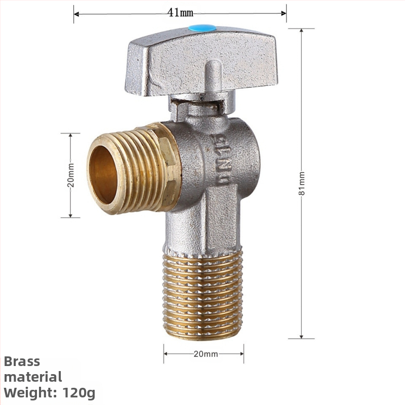 Месингов ъглов вентил за вграждане с голям поток и шаров клапан, за топла и студена вода; модел YLF1325; работно налягане 0.8 MPa; Ø20 мм; монтаж в стената; подходящ за тоалетни и бойлери