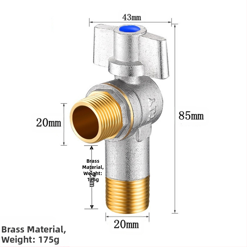 Месингов ъглов вентил за вграждане с голям поток и шаров клапан, за топла и студена вода; модел YLF1325; работно налягане 0.8 MPa; Ø20 мм; монтаж в стената; подходящ за тоалетни и бойлери